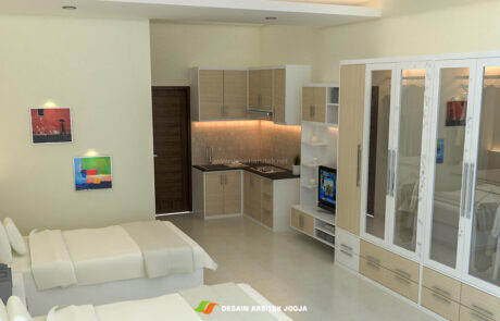 Desain Ruang Tidur Hotel di Jogja dengan Konsep Minimalis Modern dengan warna yang minimalis dan hangat karya tim Desain Arsitek Jogja