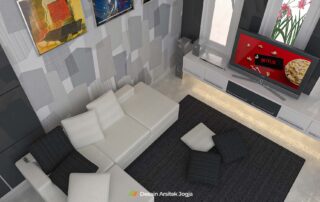 Desain TV Cabinet untuk Ruang Keluarga Mungil Minimalis Modern karya Desain Arsitek Jogja