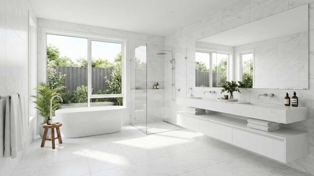 Desain Arsitek Jogja - Inspirasi Interior Kamar Mandi Putih dan Luas