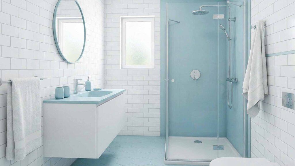 Desain Arsitek Jogja - Inspirasi Warna Cat Interior Kamar Mandi Putih dan Biru Pastel