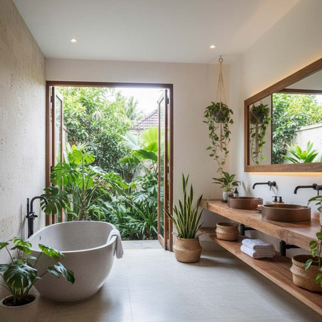 Desain Arsitek Jogja - Interior Kamar Mandi Nuansa Bali Tanaman Indoor