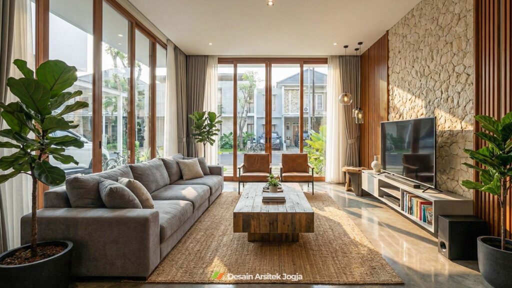 Interior Ruang Tamu Rumah Tinggal 2 Lantai Minimalis Kontemporer Desain Arsitek Jogja - Studio DAJ