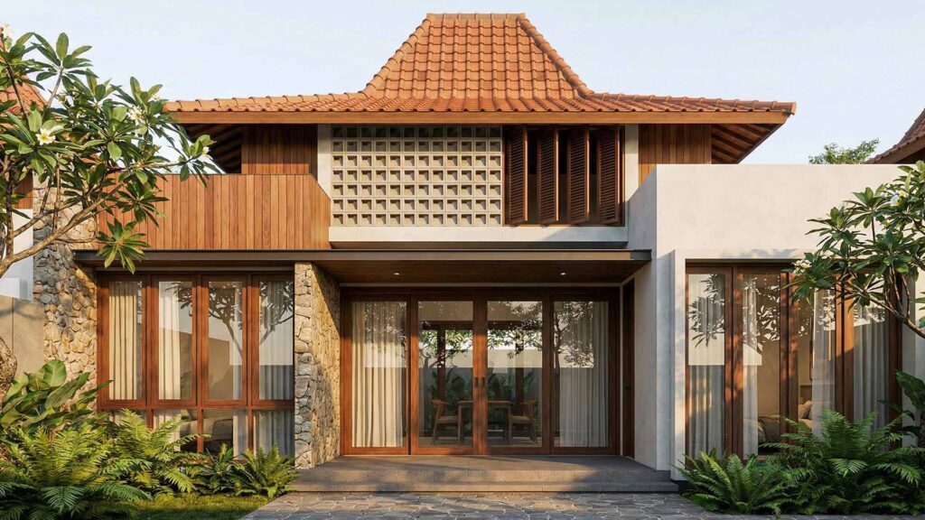 Desain Arsitek Jogja - Inspirasi Desain Fasad Rumah Jogja Banyak Bukaan dan Material Alami