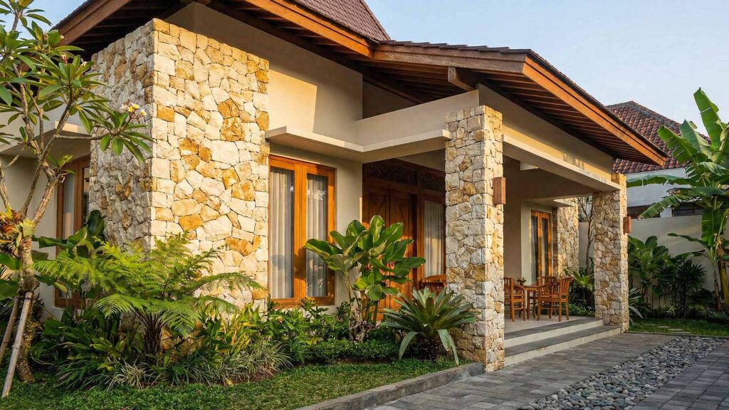 Desain Arsitek Jogja - Penerapan Batu Kapur Gunungkidul Pada Fasad Teras Rumah Jogja