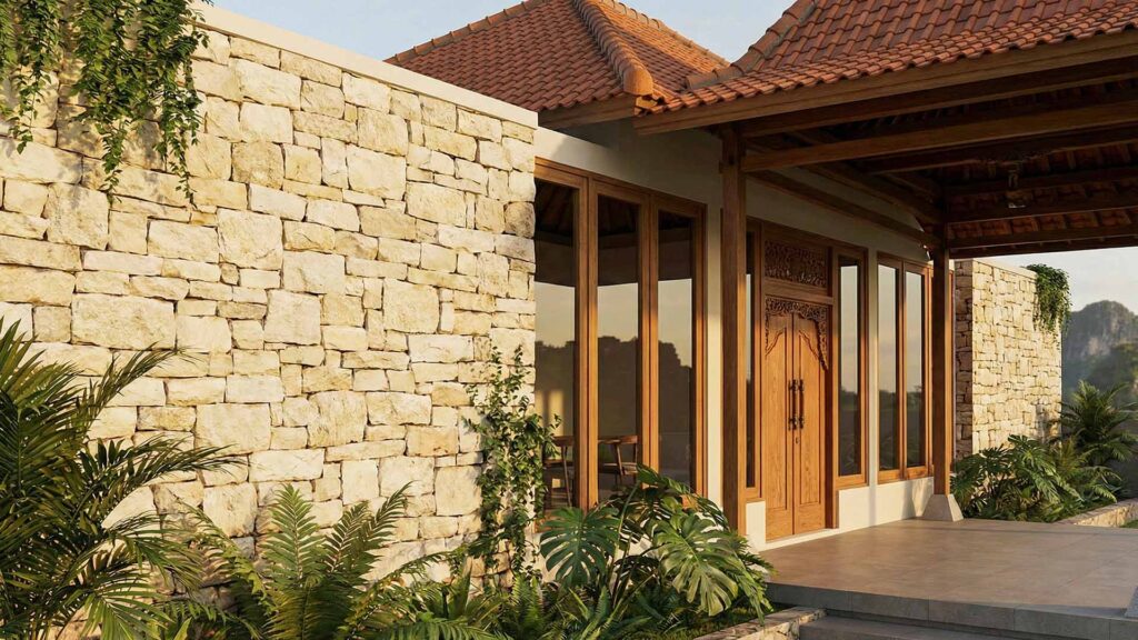 Desain Arsitek Jogja - Penerapan Batu Kapur Gunungkidul Pada Fasad Rumah Joglo Jogja