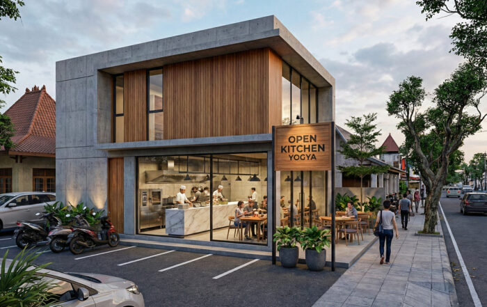 Konsep Desain Fasad Resto Open Kitchen - Desain Arsitek Jogja view 1